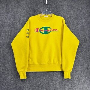 VINTAGE Champion Yellow Reverse Weave Sweatshirt Embroidered Logo Mens Medium